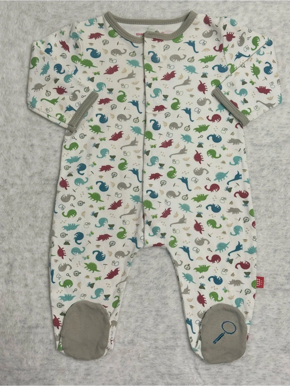 Magnetic Me Dinosaur Footie Sleeper 3-6M Baby Organic Cotton Neutral Cream